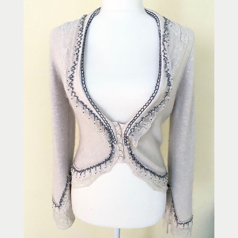Rare Vintage Anthropologie Mohair Moth Bell Sleeve Sweater Cardigan Lace Beaded